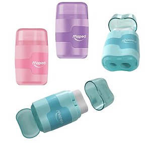 Apontador com Borracha Connect Pastel - 2 furos e cores sortidas