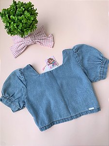 Blusa Cropped Jeans Infantil com Manga Bufante - tam 4