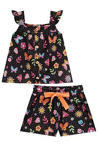 Conjunto Infantil de Blusa e Short Preto Estampado tam 04 06 e 08