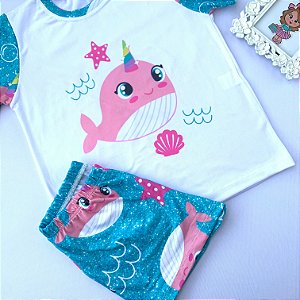 Pijama Infantil Manga Curta e Short Estampa Baleia tam 06