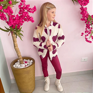 Conjunto Infantil Casaco Teddy Coração e Calça Legging Cirrê  tam 8