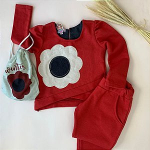 Conjunto Infantil em Moletom com Aplicação de Flor - tamanho 04