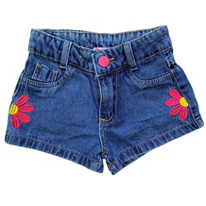 Short Jeans Infantil Bordado Flor - tam 04
