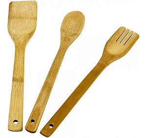 03 Talheres Bambu Colheres Espátula Garfo Cozinha Ecológico