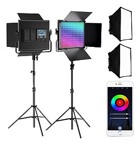 Kit Iluminação 2x Painéis Led Greika Ll550rp Rgb Com Softbox Preto Rgb
