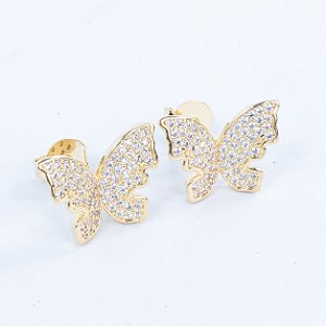 BRINCO DE BORBOLETA DE ZIRCÔNIAS ANTIALÉRGICO COM BANHO DE OURO 18K