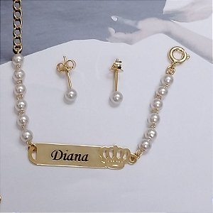 KIT PERSONALIZADO PULSEIRA + BRINCO DE PÉROLAS BEBÊ/INFANTIL