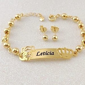 KIT PERSONALIZADO PULSEIRA + BRINCO DE BOLINHA INFANTIL/BEBÊ