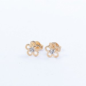 BRINCO INFANTIL FLOR COM ZIRCÔNIA SEMIJOIA COM BANHO DE OURO 18K