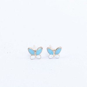 BRINCO INFANTIL DE BORBOLETA AZUL E BRANCA COM TARRAXA BABY SEMIJOIA COM BANHO DE OURO 18K
