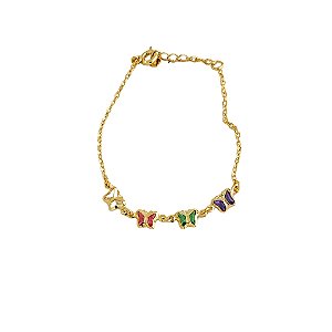 PULSEIRA INFANTIL DE BORBOLETAS COLORIDAS 14,5CM + 03,5CM DE EXTENSOR COM BANHO DE OURO 18K