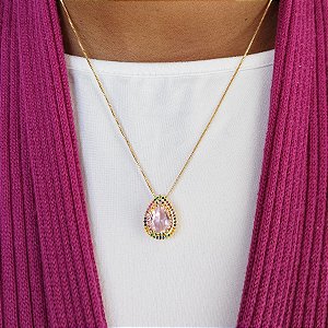 COLAR ZIRCÔNIA ROSA EM FORMATO DE GOTA - CORRENTE VENEZIANA 40CM + 5CM