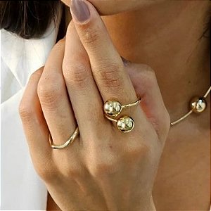 ANEL AJUSTÁVEL COM BOLAS SEMIJOIA ELEGANTE COM BANHO DE OURO 18K