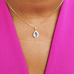 COLAR PINGENTE GOTA ZIRCÔNIA ROXA SEMIJOIA COM BANHO DE OURO 18K