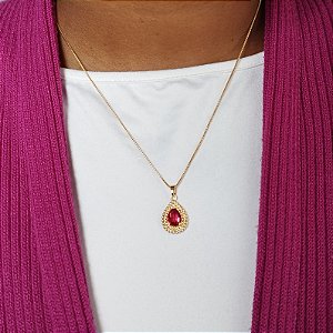 COLAR PINGENTE GOTA ZIRCÔNIA  VERMELHA SEMIJOIA COM BANHO DE OURO 18K