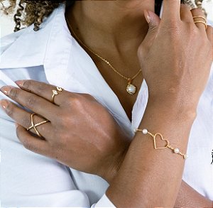 PULSEIRA DE PÉROLAS E CORAÇÃO 16CM + 05CM DE EXTENSOR