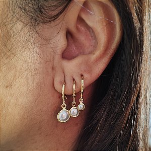 TRIO BRINCO ARGOLA  DE PÉROLAS SEMIJOIA COM BANHO DE OURO 18K