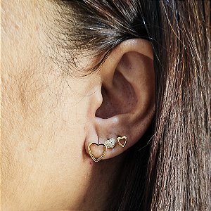 TRIO BRINCOS DE CORAÇÕES SEMIJOIA ANTIALÉRGICA BANHO DE OURO 18K