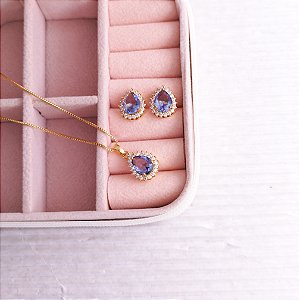 CONJUNTO COLAR E BRINCO FORMATO DE GOTA COM ZIRCÔNIA BANHO DE OURO 18K