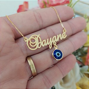COLAR PERSONALIZADO NOME E PINGENTE OLHO GREGO SEMIJOIA BANHO DE OURO