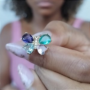 BRINCO DE BORBOLETA COM 4 PEDRAS DE ZIRCÔNIAS COLORIDAS SEMIJOIA ANTIALÉRGICA