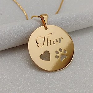 COLAR PERSONALIZADO MEDALHA BICHO DE ESTIMAÇÃO (NOME E DESENHO) SEMIJOIA BANHO DE OURO 18K
