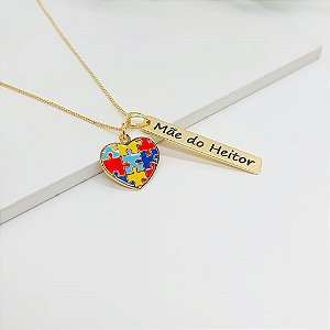 COLAR PERSONALIZADO CORAÇÃO AUTISMO TEA E PLACA COM NOME SEMIJOIA BANHO DE OURO 18K