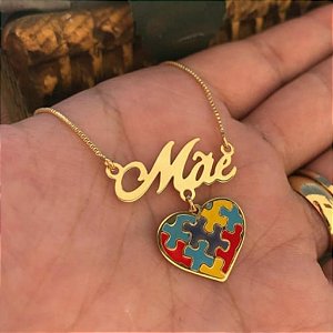 COLAR PERSONALIZADO CORAÇÃO DO AUTISMO TEA COM NOME OU PALAVRA SEMIJOIA BANHO DE OURO 18K