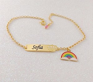 PULSEIRA INFANTIL MENINA PERSONALIZADO COM NOME E PINGENTE SEMIJOIA BANHO DE OURO 18K