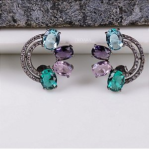 BRINCO RÓDIO NEGRO COM 4 PEDRAS DE ZIRCÔNIAS COLORIDAS SEMIJOIA