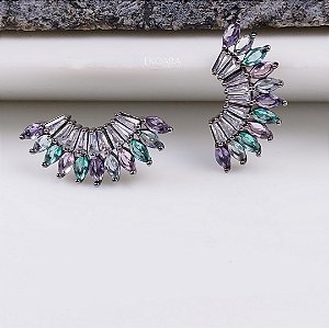 BRINCO LU RÓDIO NEGRO EAR CUFF ZIRCÔNIAS COLORIDAS SEMIJOIA