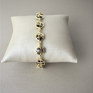 PULSEIRA  COM PINGENTES TIPO DIAMANTE COM ZIRCÔNIA PRETA SEMIJOIA COM BANHO D EOURO 18K