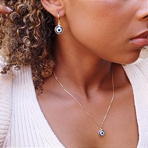 CONJUNTO COLAR E ARGOLA DE OLHO GREGO SEMIJOIA BANHO OURO 18K