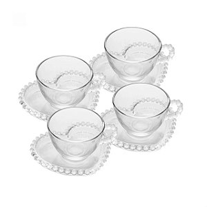 Conjunto 4 Xícaras de Chá de Cristal com Pires Coração Pearl 80ml - Wolff