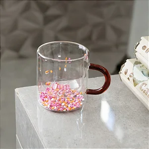 Caneca Parede Dupla de Vidro Borossilicato com Alça Vermelha Flower 300ml - Lyor