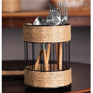 Porta Talher com Detalhes em Barbante 12cm x 16,5cm Preto Metal - Wolff