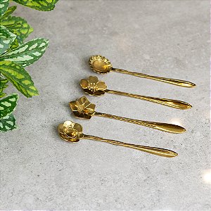 CJ 4 COLHERES ACO INOX P/CHA FLORES DOURADO