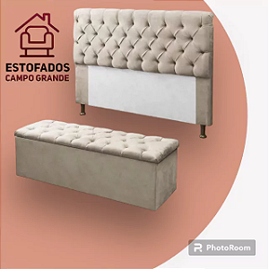 Kit Cabeceira e Calçadeira Baú Estofada Mel 140 cm Casal