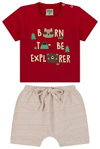 Conjunto camiseta meia malha e shorts saruel cravina