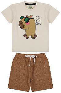 Conjunto camiseta meia malha e bermuda de moletinho trevo