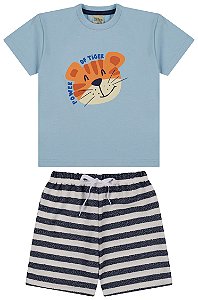 Conjunto camiseta meia malha e bermuda cravina listrado