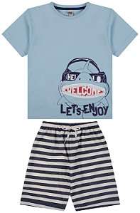 Conjunto camiseta meia malha e bermuda de cravina listrado