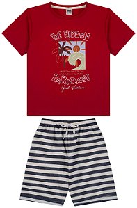 Conjunto camiseta meia malha e bermuda cravina listrado