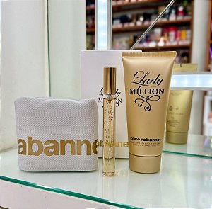 Kit Travel Size Lady Million Paco Rabanne: 1 Perfume 10ml + Loção Corporal 75ml +Necessaire