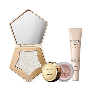 Kit Glam Paetê: Iluminador Multifuncional 5g + Glitter Multifuncional Rosê 1g + Sombra & Primer 7ml