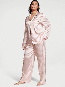 Pijama Longo Cetim Listrado Logo Victoria’s Secret Tamanho: M