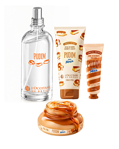 Pré-Venda Kit Pudim L'Occitane: Spray Perfumado 200ml+ Hidratante Corporal 200ml+ Sabonete em calda 200ml+ Creme para mãos 50ml
