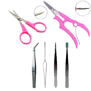 Kit Tesoura De Precisão Ponta curva Arremate + 4 Pinças