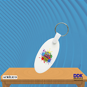 Chaveiro de Acrílico Personalizado 3x6 cm Oval Branco – Kit com 10 Unidades
