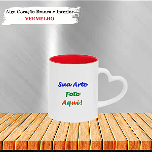 Caneca Personalizada Alça Coração Bca e Interior Colorido Cerâmica 325ml (Div. Cores)